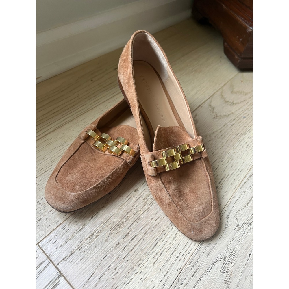 Veronica Beard Tan Suede Chain Link Loafers Square Toe Flats Brown Womens 8M